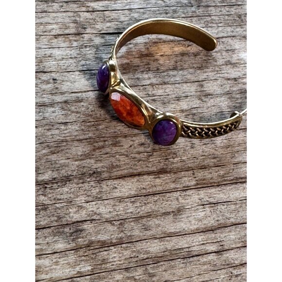 Barse Thai Bronze Earrings Amethyst & Spiny Oyster Orange Stone Semi Hoop Boho - Picture 8 of 9